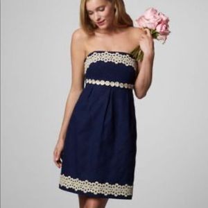 LILLY PULITZER Navy Jacquard Lace Strapless Dress